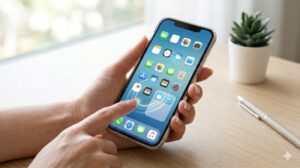 スマートフォンの画面上で、アプリの配置が整っており、ユーザーの指がスムーズに流れるように移動している様子