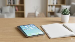 整った木製のデスクに置かれたスマートフォン、ノート、ペン、小さな観葉植物。準備の様子。