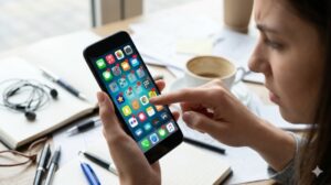 カフェでスマホのごちゃついたホーム画面にアプリが溢れ、探すのに困惑する女性の手元の写真。アイコンの多さと整理されていない状態を表現。