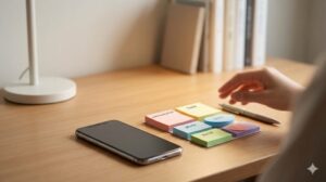 デスクのスマホを前に、付箋とペンでアプリの整理を計画する手。準備の重要性を表現。