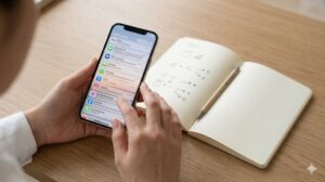 スマホの通知一覧をノートで振り返る様子