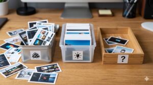 デスク上に並んだ3つのコンテナに、スクショや写真のプリントが整理・分類されていく様子。コンテナには状態別のアイコンが付いている