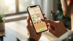 スマートフォンを持つ手が中心に配置された、洗練されたホームオフィス。画面が動線に基づいて配置され、ユーザーが操作の流れが止まらない。ユーザーはストレスフリーで、満足げな表情。効率的でストレスフリーなデジタル生活。混乱した配置との対比を表現。