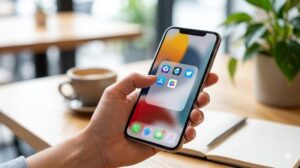 明るいカフェのテーブルで操作するスマートフォン、詰め込みすぎず整然と並んだアプリフォルダ