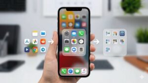 スマートフォンの画面でアプリが整理されていくプロセスのイメージ