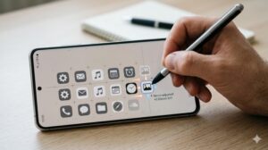 スマートフォンの画面、クローズアップ。指が汎用的なアイコンの塊の一部を慎重にスライドさせて微調整している。微かに光るグリッドラインや位置合わせのマークが正確な配置へのこだわりを視覚化。小さな矢印が最近の微小なシフトを示している。