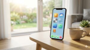 夜の小さな整理習慣がもたらす、朝の快適なスマホ操作。高品質なアイコンが並ぶ整理されたスマホ画面とコーヒーカップ。