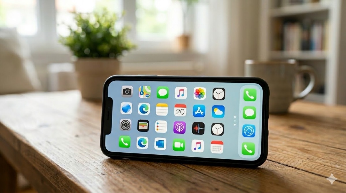 木のテーブルに置かれたスマートフォンのホーム画面。「ゾーニング整理術」を表現している整理されたアイコン。