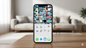 乱雑なアプリアイコンが整理され、用途ごとに固めて配置されることで、ホーム画面にスッキリとした余白が生まれた様子の比較