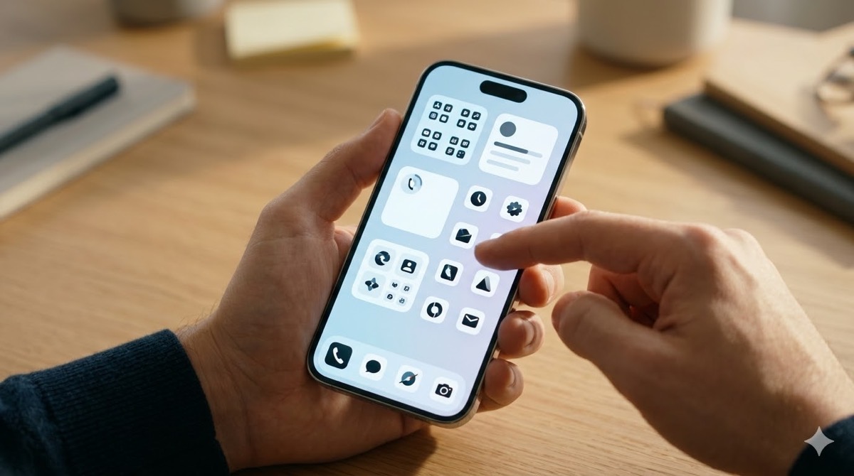 整理整頓されたスマートフォンのホーム画面と、迷わずアプリを操作する人物の手元