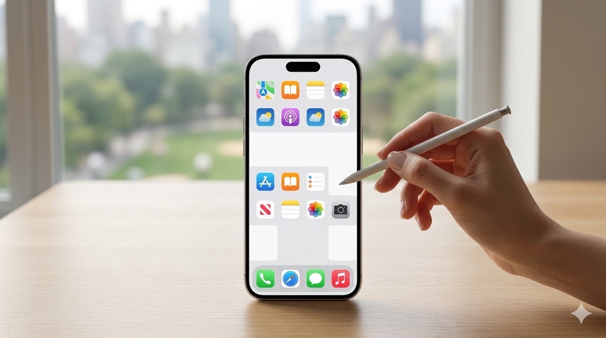 スマートフォン画面のアプリ配置。規則的に並び、中央や周囲に広い余白（空白スペース）が意図的に作られ、見渡しやすく整理された様子。