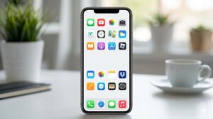 スマホのホーム画面に意図的に作られた広い余白によって、アプリが探しやすくなっている様子