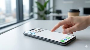 整理されたスマートフォンのホーム画面を指で操作する様子。広い余白によってアイコンが際立ち、使いやすさが向上しているイメージ。