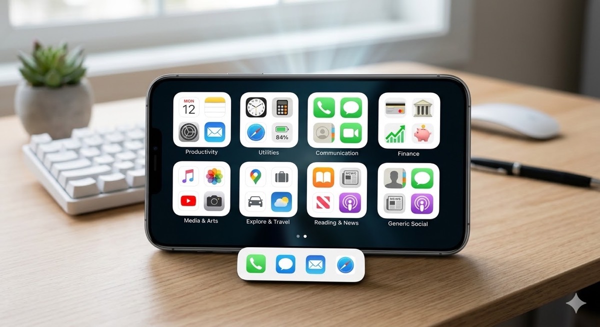 木製デスクの上に置かれたスマートフォンの画面。汎用的なアプリアイコンが完璧なグリッド状に整列し、視線のスムーズな移動を示す光の筋が描かれている。整理整頓による秩序と calm な状態を視覚化。