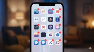 通知バッジの赤い点を画面の端に寄せるなど、スマホのホーム画面を見やすさ重視で整理。抽象的なアイコンが並ぶ整理された画面。