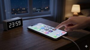 寝る前の短い時間でスマホ画面を整理し、翌朝の操作の迷いをなくす様子を表現。夜の静かな部屋でスマホの抽象アイコンをタップする指。