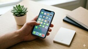 整理されたスマートフォンのホーム画面を操作する手元の様子。シンプルなアイコンが並び、効率的で迷わない操作性を表現した高品質なイメージ画像。