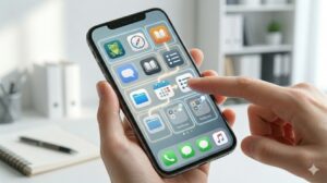 スマートフォンの画面上に明確な枠組み（型）を作り、アプリアイコンを整理して配置している様子。迷わずタップできる定位置を決め、整ったデジタル空間を保つ仕組みを表現したイメージ画像。