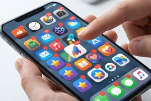 スマートフォン画面に多数のアプリアイコンが並び、指で目的のアプリを探して操作している様子。探さない仕組みを作る前の、デジタル空間の迷いを表現したアイキャッチ画像。