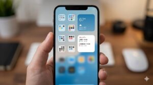 スマホ画面の上段にフォルダやウィジェットを整理し、一覧性を高める配置イメージのアイキャッチ画像