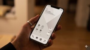 スマートフォンの画面が点灯し、彩度を落とした風景壁紙を表示。文字情報(日付・時計)とシンプルなアイコンがはっきりと読み取りやすく、適切な色数と明るさの基準を満たした壁紙の選択効果を示している。