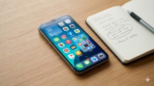 スマートフォンの画面が点灯し、彩度を落とした風景壁紙を表示。文字情報(日付・時計)とシンプルなアイコンがはっきりと読み取りやすく、適切な色数と明るさの基準を満たした壁紙の選択効果を示している。