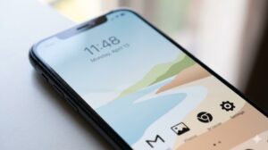 スマートフォンの画面が点灯し、彩度を落とした風景壁紙を表示。文字情報(日付・時計)とシンプルなアイコンがはっきりと読み取りやすく、適切な色数と明るさの基準を満たした壁紙の選択効果を示している。