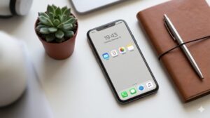 スマートフォンの画面が点灯し、彩度を落とした風景壁紙を表示。文字情報(日付・時計)とシンプルなアイコンがはっきりと読み取りやすく、適切な色数と明るさの基準を満たした壁紙の選択効果を示している。