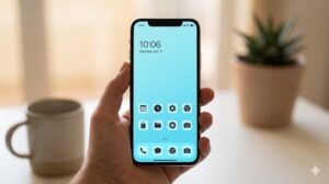 スマートフォンの画面が点灯し、彩度を落とした風景壁紙を表示。文字情報(日付・時計)とシンプルなアイコンがはっきりと読み取りやすく、適切な色数と明るさの基準を満たした壁紙の選択効果を示している。