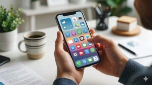 同じスマートフォンを持つ手が中心に配置された、明るく整理されたホームオフィス。画面は上、中、下の役割分担が明確(情報、主要アプリ、ドック)で、整然と構造化されている。ユーザーは迷いなく、スムーズに中段のアイコンをタップしようとしている。混乱した配置との対比を表現。