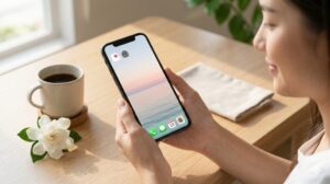 女性の顔が柔らかい笑顔になり、完全に整理されたミニマルなスマホのホーム画面を満足げに操作している。デスク上の美しい花、コーヒーカップと共に、シンプルさが生む達成感と整い始めた喜びを表現したリアルな写真。ブログ用アイキャッチ。