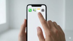 少数の重要なアプリが完璧にバランスよく配置された、整理されたスマートフォンのホーム画面のクローズアップ写真。自信を持ってタップする指。