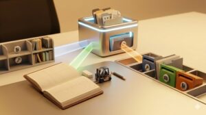 清潔なデスク。光る仮置き箱から、整理された棚、引き出し、ノートへと、穏やかな光の動線が伸びている。全体が温かい光に包まれ、安定した「安心の流れ」が完成したイメージ。