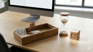 デスク上の「保留箱」を象徴するトレイ(!マークの旗付き)と、砂時計(週一のメンテナンス時間)。そして運用の結果として整理されたPCモニター。