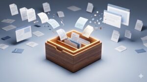 散乱したデジタルファイルが、中央にある一つの光る木箱(仮置き場)へ集まっていくイメージ画像