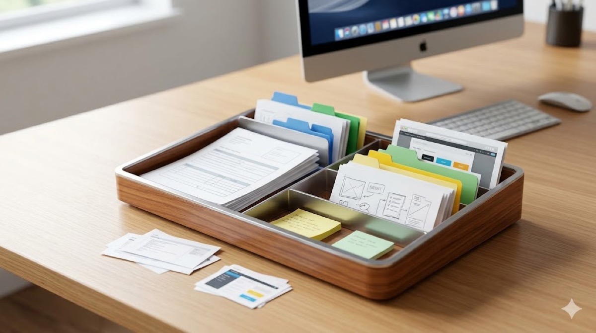 仮置きフォルダで途中ファイルを整理する仕組みを表す、散らかったファイルが整然と収められたトレイのアイキャッチ画像