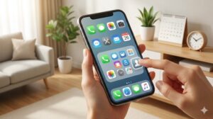 整理されたスマホ画面。新しいアプリをフォルダへドラッグ。維持と管理のコツを表現。