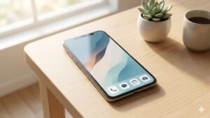 整理されたスマホのホーム画面に、余白を活かしたミニマルな配置がパッと目を引く。デスク上の植物とコーヒーカップと共に、清潔感と秩序を表現したリアルな写真。ブログ用アイキャッチ。