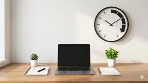 整然としたホームオフィスのデスクで、ノートPCとチェックリストのあるノートが並び、週1デジタルリセットが完了した様子を示す横長のアイキャッチ画像