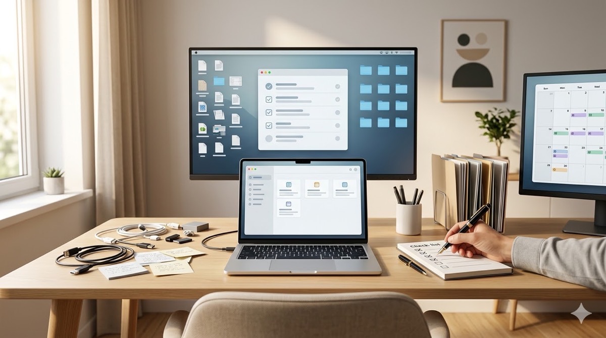 週1デジタルリセットの見直し手順を視覚化した、整理されたデスクとチェックリストに記入する手のリアリスティックなアイキャッチ画像