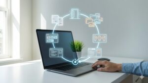 完璧に整理されたデスクが中心にあり、前の各デジタルリセット要素を統合した glowingな週間サイクルに囲まれている、継続による安定を表現した横長のアイキャッチ画像