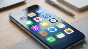 スマートフォンの画面。木製デスクの上で、汎用的なアプリアイコンが完璧なグリッド状に美しく並んでいる。柔らかい光の筋が、整然としたアイコンの上を滑らかに動く視線の軌跡を描いており、清潔感と秩序を感じさせる。