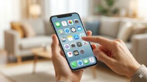 整理されたスマホ画面を自信を持ってタップする手。迷わないアプリ配置のメリットを表現。