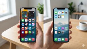 スマートフォンを持つ手と、アプリアイコンがごちゃついた（足し算）状態から、シンプルに整理された（引き算）状態へと変化するホーム画面。Before/After を表現したリアルな写真。