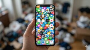 乱雑にアイコンが並び、整理されていないスマートフォンの画面。混沌とした様子。