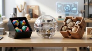 整理されたデスクに、異なる形や素材のオブジェクトが、それらの形に合うように特別に設計された収納コンテナに入れられている(目的重視の適合)