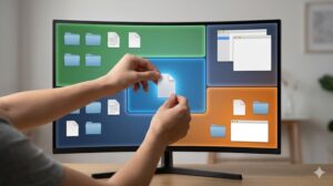 画面を論理的に3つのゾーン(上:固定、中:一時、下:受け皿)に分割するイメージ写真。