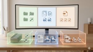 3つの異なるカテゴリー(固定、一時、受け皿)に仕分けられたファイルとフォルダのイメージ写真。