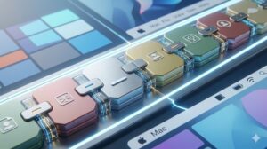 精密な金属製とガラス製の区切り文字(_や-)の物理的な接続ジョイントが、異なるOS(抽象的なWindows/Macのロゴ)をスムーズにつなぐ、ファイル名ブロックの文字列が描かれたブログ用アイキャッチ画像。