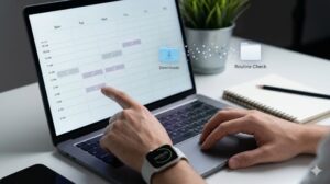 PC画面に表示された週次カレンダーと、ユーザーの手が特定の時間枠を指差している。カレンダーには小さなチェックマークが付き、画面上のダウンロードフォルダから、整理された「ルーチンチェック」フォルダへデータが流れていく様子を視覚化。小さな習慣の積み重ねを象徴する、明るく集中したデスク環境のリアルな写真。